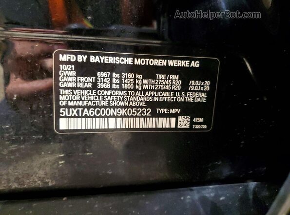 5UXTA6C00N9K05232 2022 BMW X5 Черный Вид наклейки с VIN-кодом
