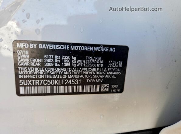 5UXTR7C50KLF24531 2019 BMW X3 White 