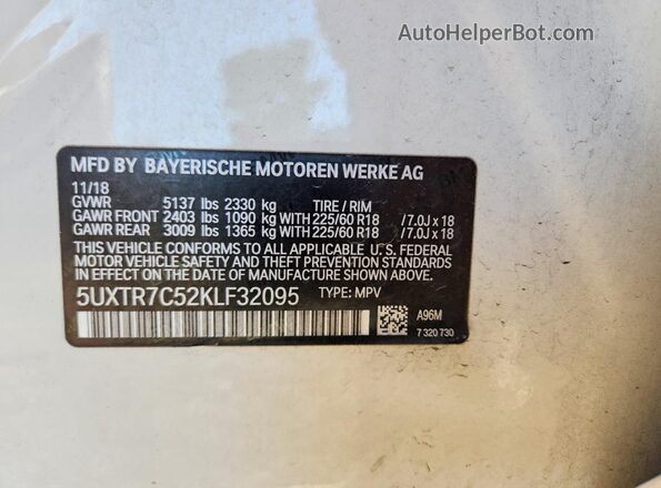 5UXTR7C52KLF32095 2019 BMW X3 White 