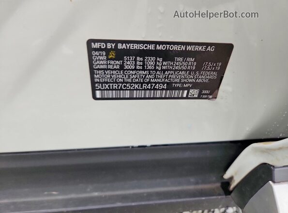 5UXTR7C52KLR47494 2019 BMW X3 White 