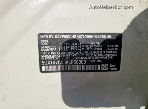 5UXTR7C55KLR50888 2019 BMW X3 White 