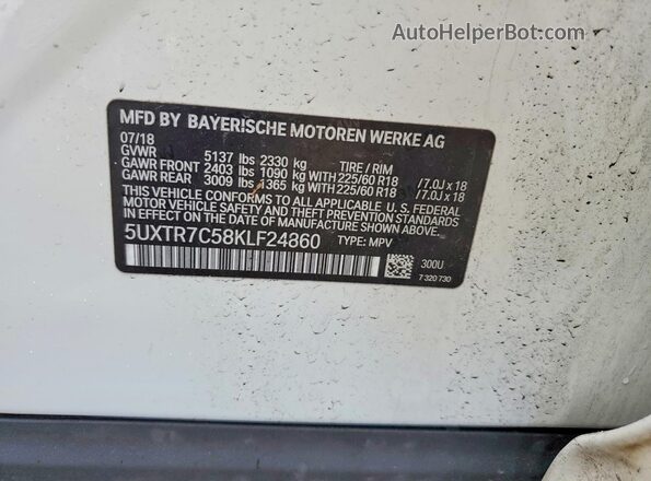 5UXTR7C58KLF24860 2019 BMW X3 White 