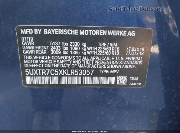 5UXTR7C5XKLR53057 2019 BMW X3 Dark Blue 