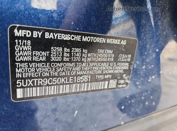 5UXTR9C50KLE18561 2019 BMW X3 Blue 