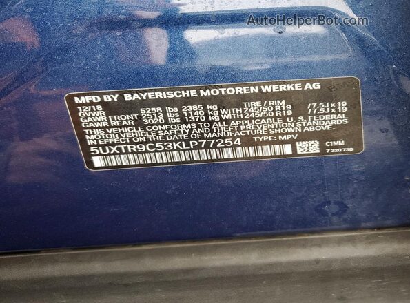5UXTR9C53KLP77254 2019 BMW X3 Blue 
