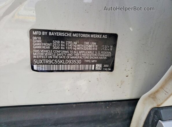 5UXTR9C55KLD93530 2019 BMW X3 White VIN sticker view