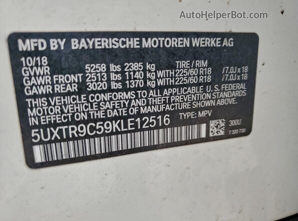 5UXTR9C59KLE12516 2019 BMW X3 White 