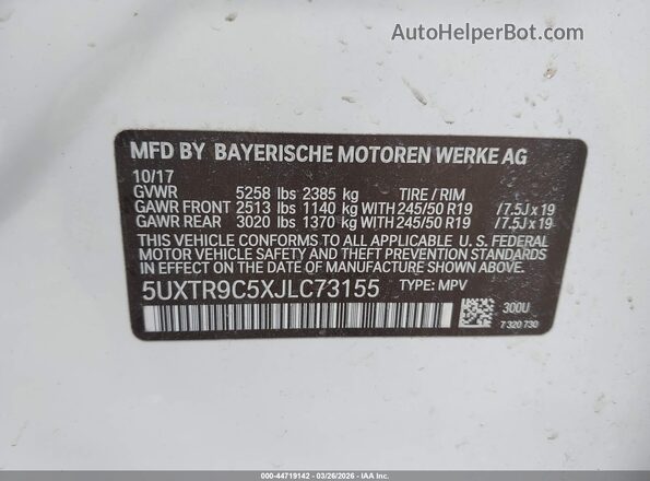 5UXTR9C5XJLC73155 2018 BMW X3 White Engine compartment view