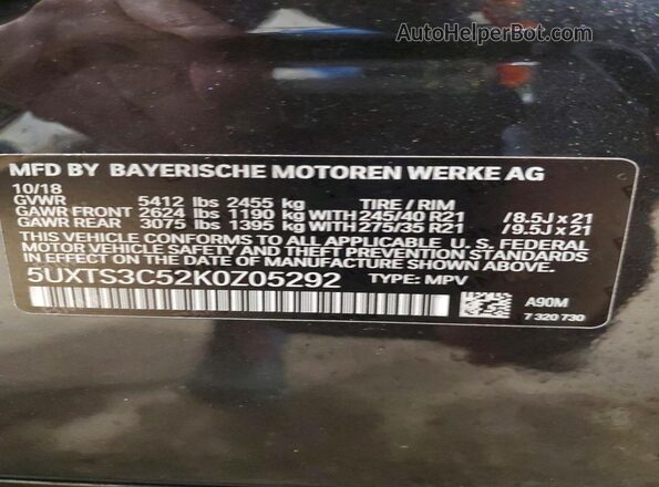 5UXTS3C52K0Z05292 2019 BMW X3 Charcoal 