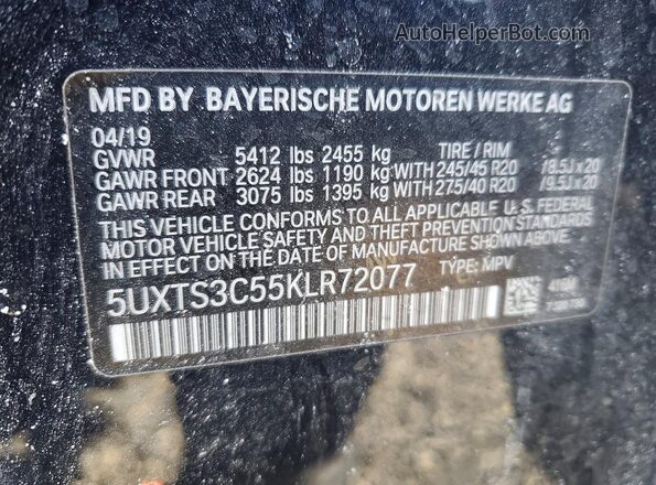 5UXTS3C55KLR72077 2019 BMW X3 Black 