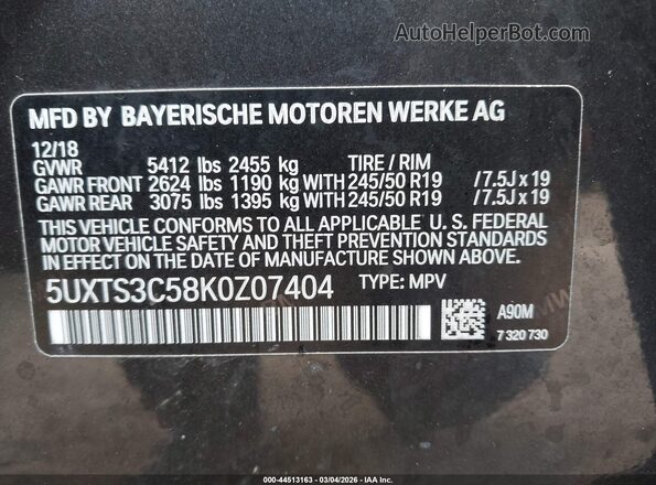 5UXTS3C58K0Z07404 2019 BMW X3 Black 
