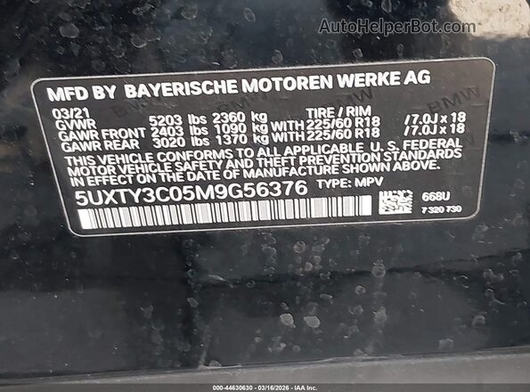 5UXTY3C05M9G56376 2021 BMW X3 Black Widok komory silnika