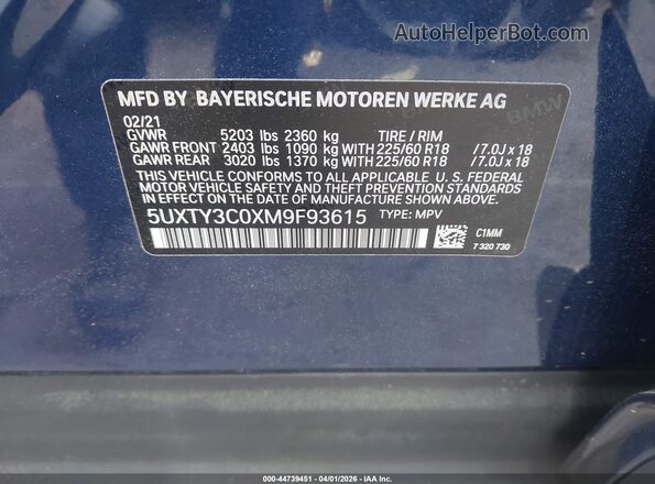 5UXTY3C0XM9F93615 2021 BMW X3 Blue Vista del compartimento del motor