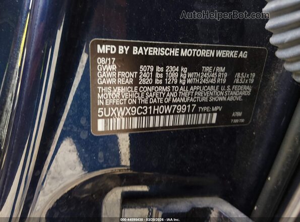 5UXWX9C31H0W79917 2017 BMW X3 Blue 