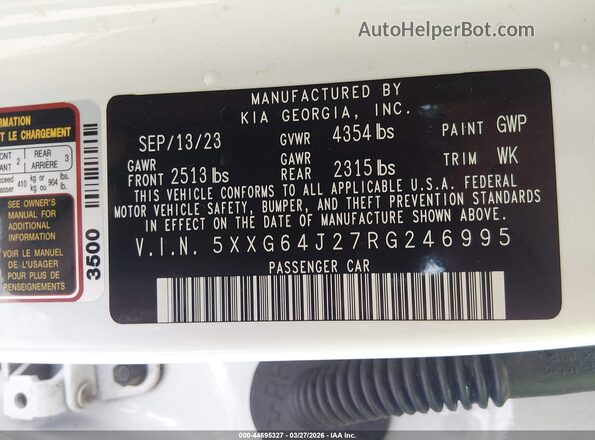 5XXG64J27RG246995 2024 KIA K5 White Vista del compartimento del motor