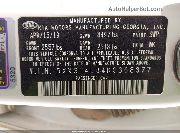5XXGT4L34KG368377 2019 KIA OPTIMA White 