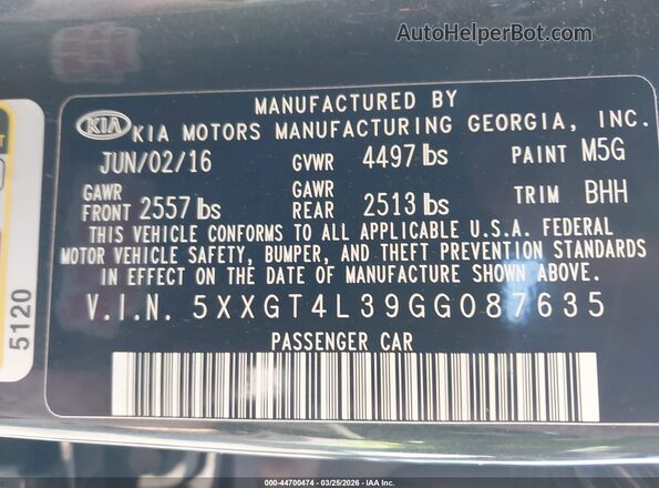 5XXGT4L39GG087635 2016 KIA OPTIMA Gray Շարժիչի բաժամունքի տեսք