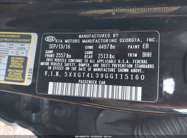 5XXGT4L39GG115160 2016 KIA OPTIMA Black Engine compartment view