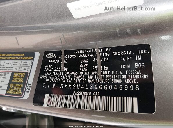 5XXGU4L39GG046998 2016 KIA OPTIMA Gray Engine compartment view