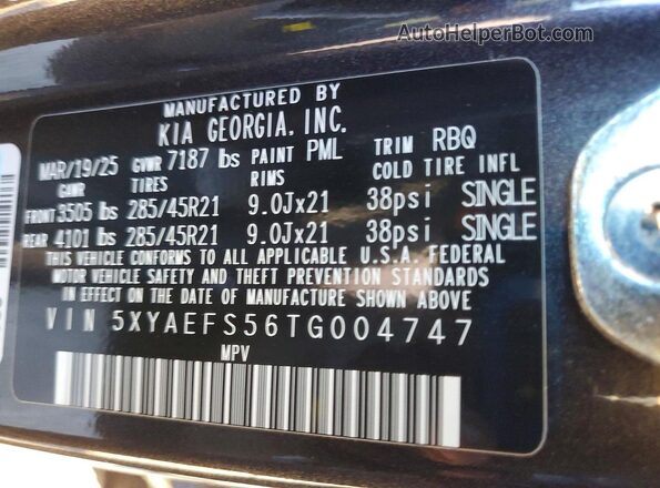 5XYAEFS56TG004747 2026 KIA EV9 Gray Вид наклейки з VIN-кодом