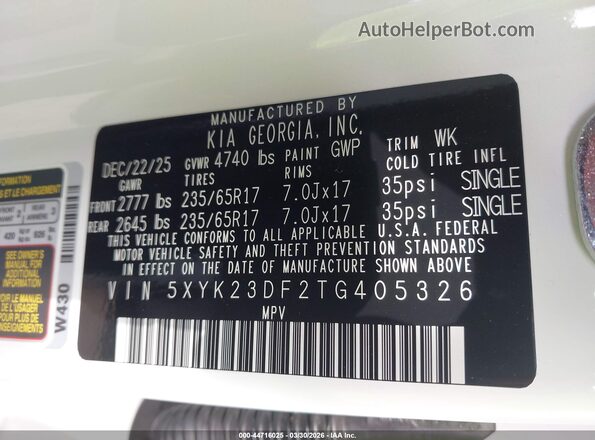 5XYK23DF2TG405326 2026 KIA SPORTAGE White Widok komory silnika