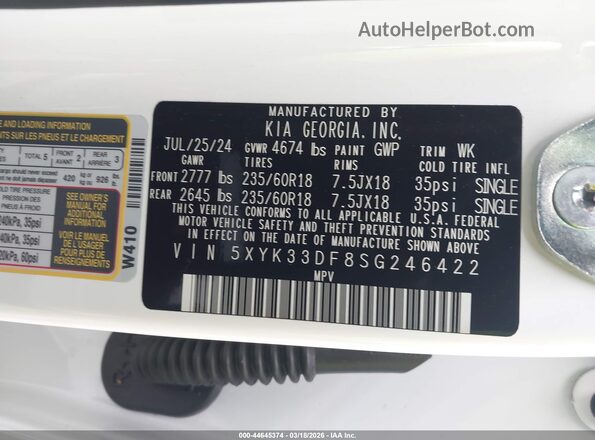 5XYK33DF8SG246422 2025 KIA SPORTAGE White 