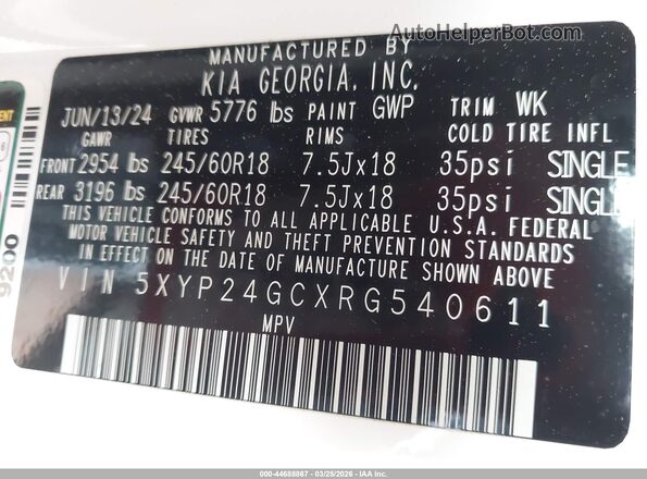 5XYP24GCXRG540611 2024 KIA TELLURIDE White Вид підкапотного простору