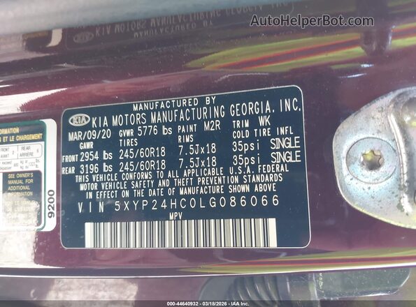 5XYP24HC0LG086066 2020 KIA TELLURIDE Burgundy Вид підкапотного простору
