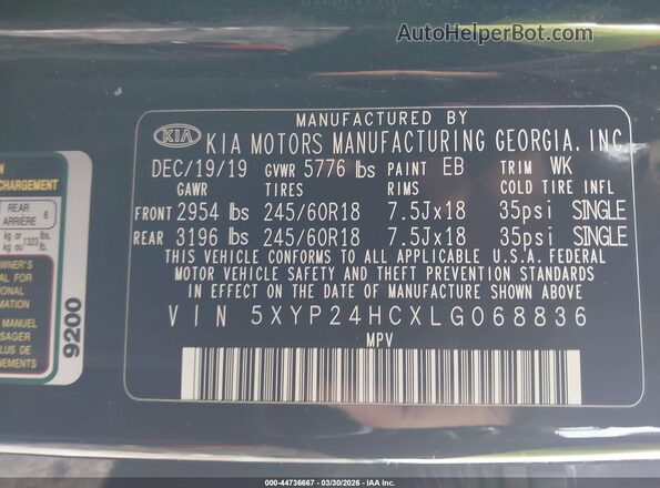5XYP24HCXLG068836 2020 KIA TELLURIDE Black Widok komory silnika