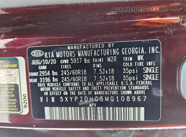 5XYP2DHC5MG108967 2021 KIA TELLURIDE Burgundy Engine compartment view