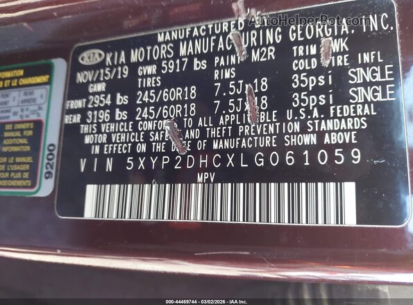 5XYP2DHCXLG061059 2020 KIA TELLURIDE Burgundy Engine compartment view