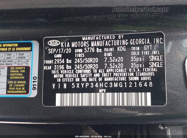 5XYP34HC3MG121648 2021 KIA TELLURIDE Gray Вид підкапотного простору
