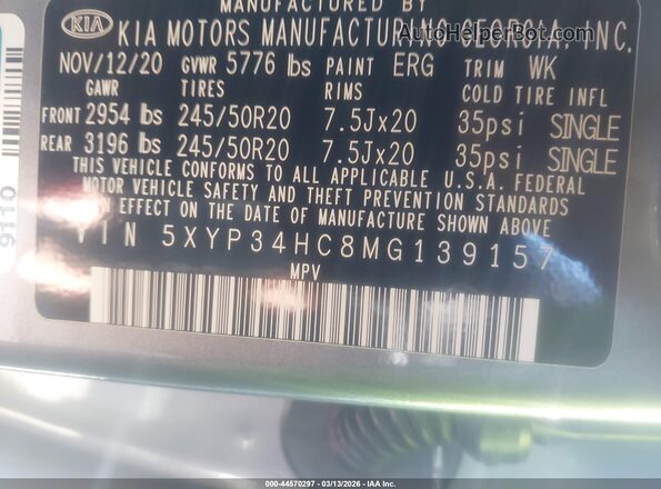 5XYP34HC8MG139157 2021 KIA TELLURIDE Silver Вид підкапотного простору