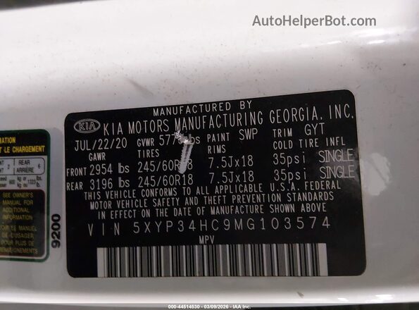 5XYP34HC9MG103574 2021 KIA TELLURIDE White Vista del compartimento del motor