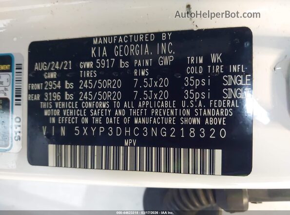 5XYP3DHC3NG218320 2022 KIA TELLURIDE White Вид підкапотного простору