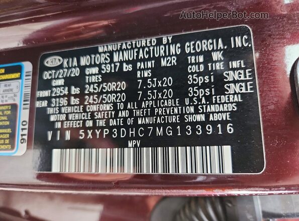5XYP3DHC7MG133916 2021 KIA TELLURIDE Burgundy Widok naklejki z numerem VIN