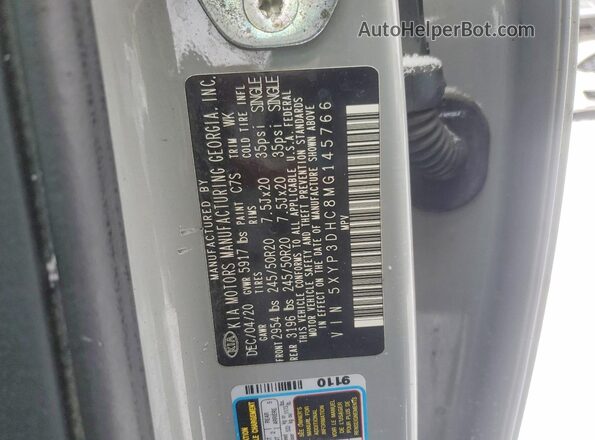 5XYP3DHC8MG145766 2021 KIA TELLURIDE Серый Вид наклейки с VIN-кодом