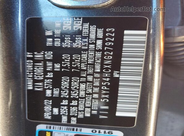 5XYP54HCXNG279223 2022 KIA TELLURIDE Black VIN sticker view