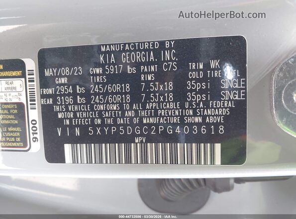 5XYP5DGC2PG403618 2023 KIA TELLURIDE Silver Շարժիչի բաժամունքի տեսք