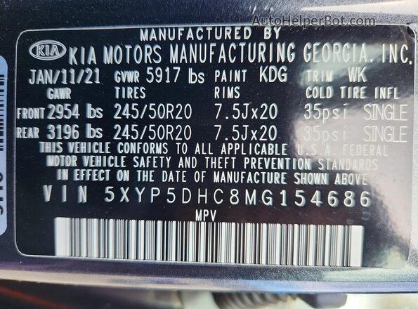 5XYP5DHC8MG154686 2021 KIA TELLURIDE Charcoal Вид наклейки з VIN-кодом