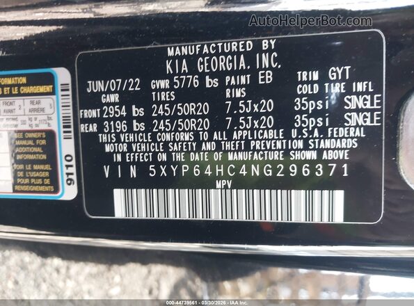 5XYP64HC4NG296371 2022 KIA TELLURIDE Black Widok komory silnika