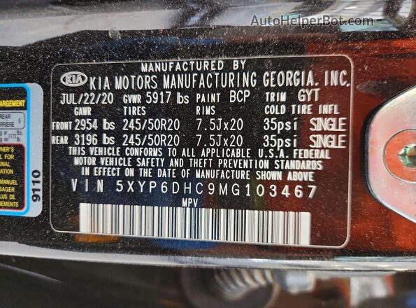 5XYP6DHC9MG103467 2021 KIA TELLURIDE Black VIN կոդի պիտակի տեսք
