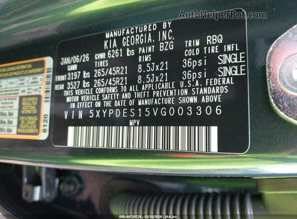 5XYPDES15VG003306 2027 KIA TELLURIDE Green Vista del compartimento del motor