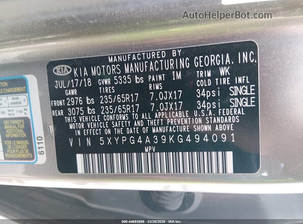 5XYPG4A39KG494091 2019 KIA SORENTO Gray Вид підкапотного простору