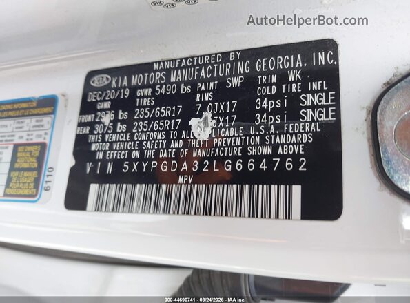 5XYPGDA32LG664762 2020 KIA SORENTO White 