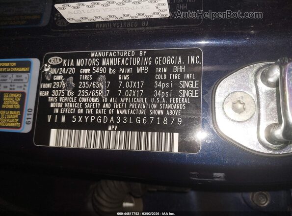 5XYPGDA33LG671879 2020 KIA SORENTO Blue Vista del compartimento del motor