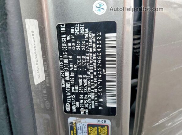 5XYPH4A52GG043932 2016 KIA SORENTO Gray Vista de la etiqueta del VIN