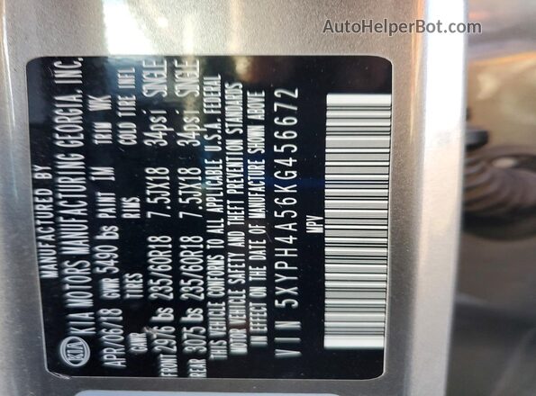 5XYPH4A56KG456672 2019 KIA SORENTO Silver 