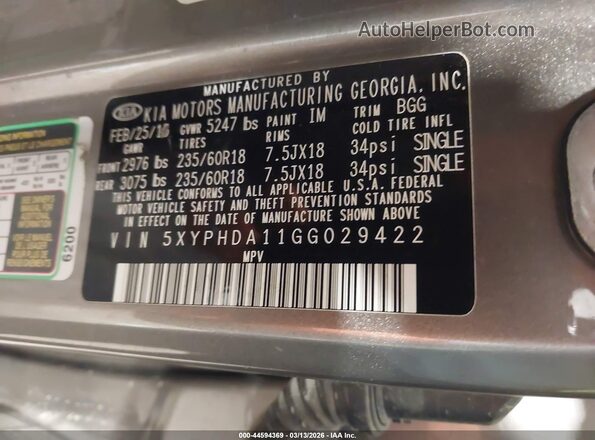 5XYPHDA11GG029422 2016 KIA SORENTO Gray Widok komory silnika