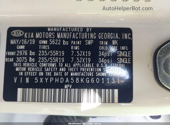 5XYPHDA58KG601131 2019 KIA SORENTO White Widok komory silnika